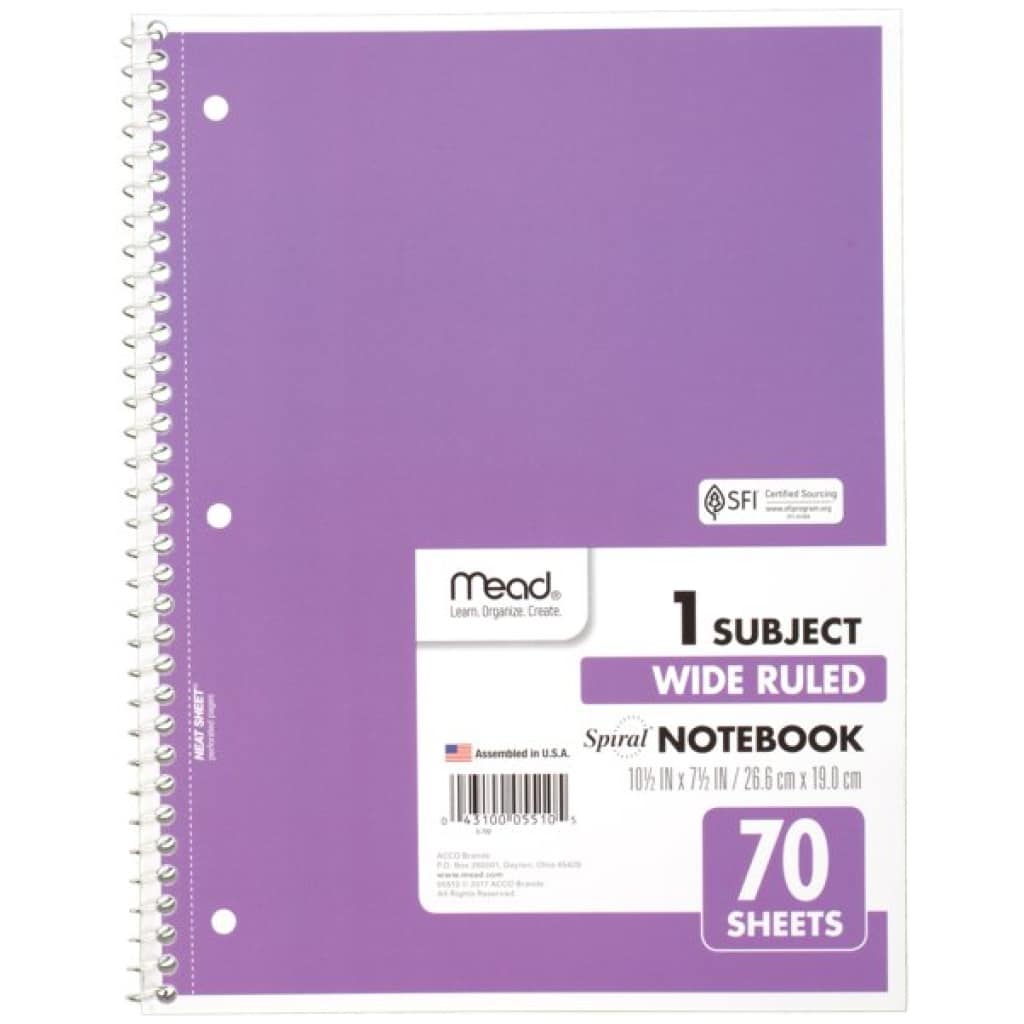 Mead Purple A4 1 Subject Wide Ruled Spiral Notebook (70 Pages) Hadafy