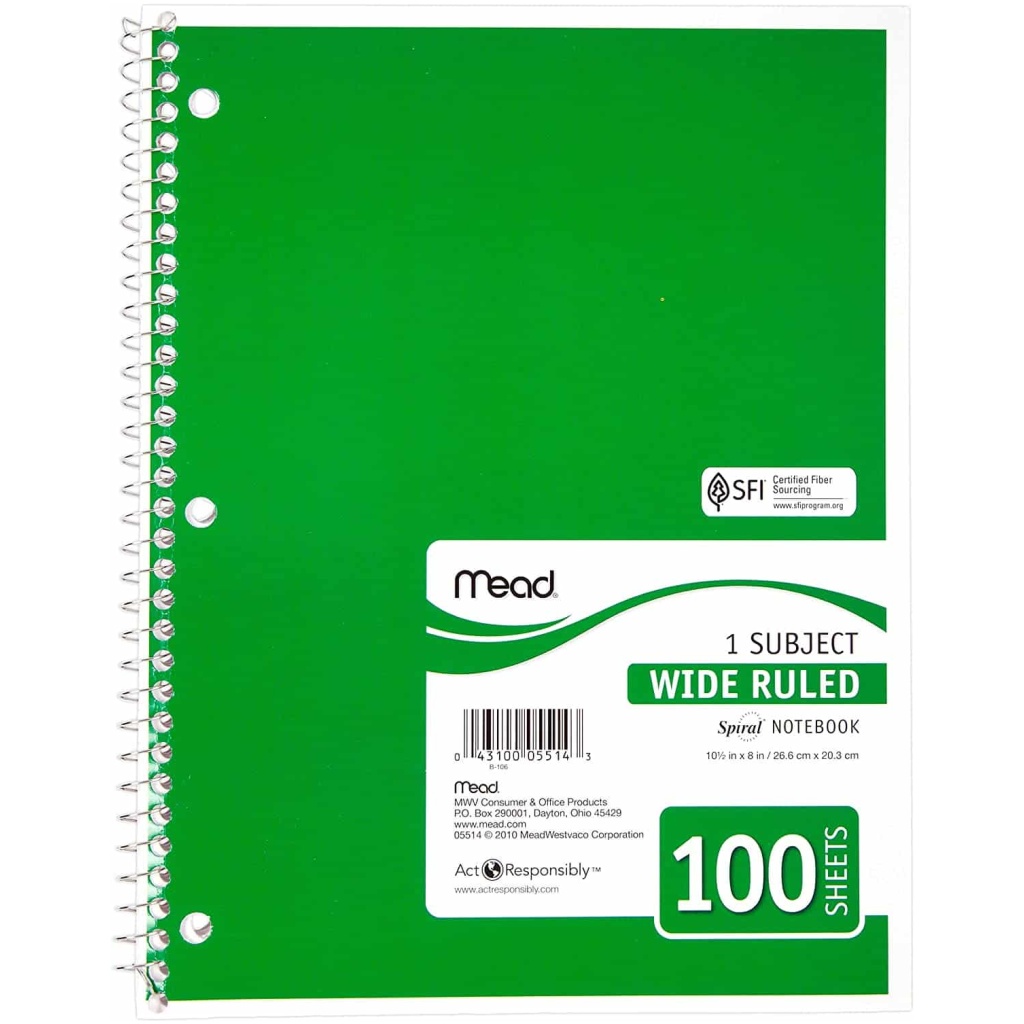 Mead Green A4 1 Subject Wide Ruled Spiral Notebook (100